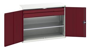 16926605.** Verso kitted cupboard with 1 shelf, 2 drawers. WxDxH: 1300x550x1000mm. RAL 7035/5010 or selected